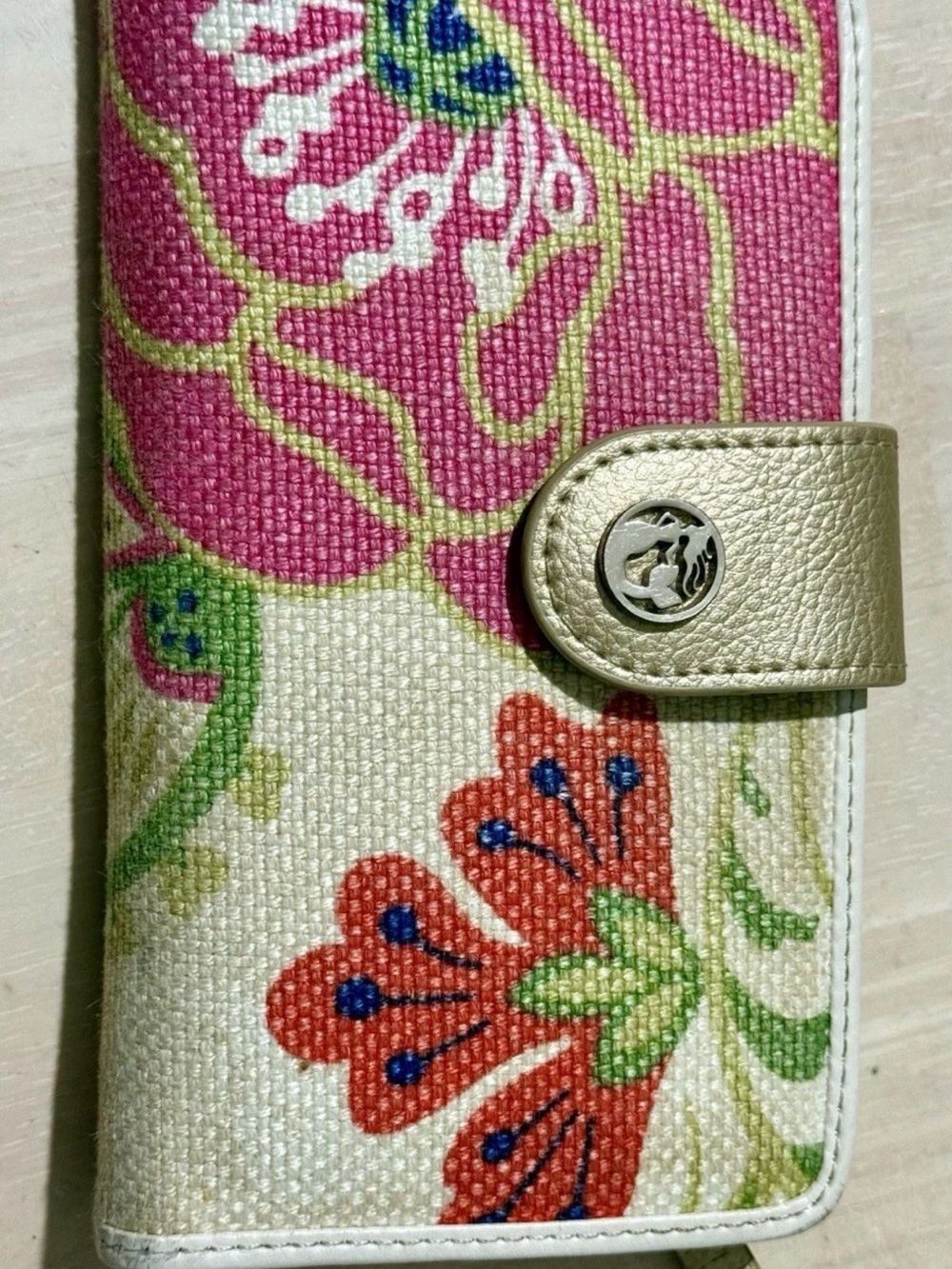 Spartina 449 Floral Checkbook Wallet Folding Credit Card Zipper Pink Beige